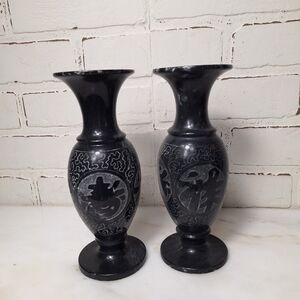 Set of 2 Antique FENG SHUI Black & Gray Vase Collectible Chinese Art Tozai